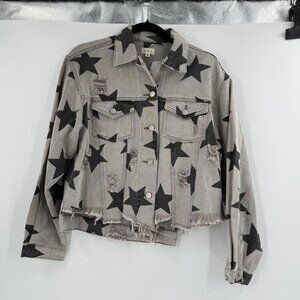 Pol Star Print Distressed Denim Jacket S Black & Gray
